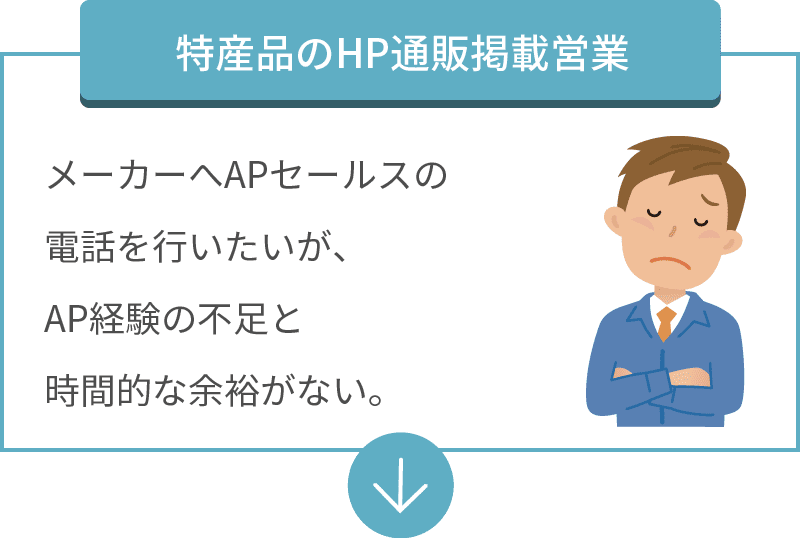 特産品のHP通販掲載営業：メーカーへAPセールスの電話を行いたいが、AP経験の不足と時間的な余裕がない。